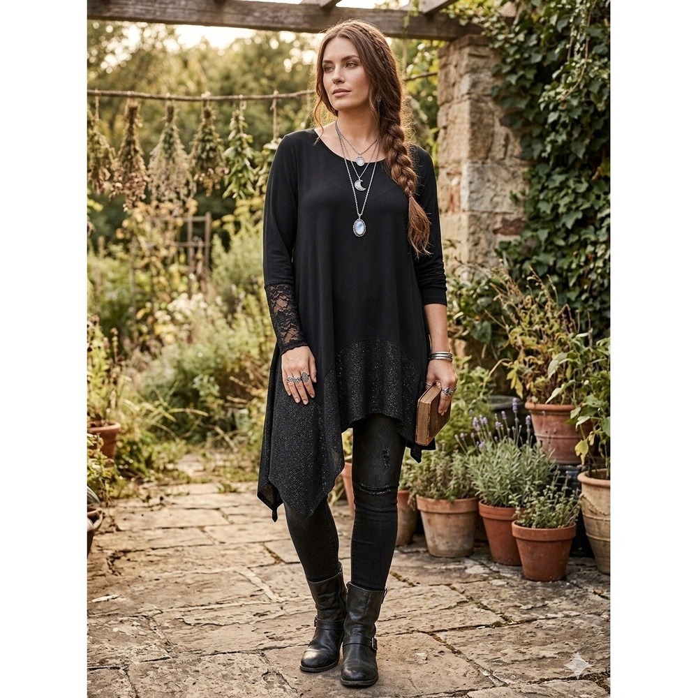 Alembika Black Asymmetric Tunic Top Lagenlook Shimmer Swing Hem 2 US M M/L NWOT